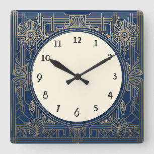 Square Art Deco Uhr in Dunkelblau und Gold