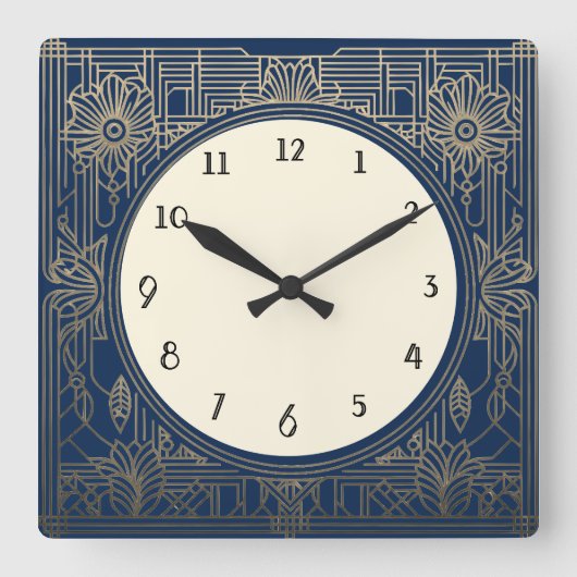 Square Art Deco Uhr in Dunkelblau und Gold (Vorderseite)