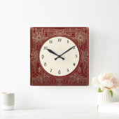 Square Art Deco Uhr in Dunkelrot und Gold (Zuhause)