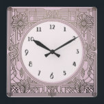 Square Art Deco Uhr Rosa<br><div class="desc">Art Deko Uhr, Jugendstil Uhr, 1920er Jahre Platz, stilvolle, raffinierte 1920er Stil, Retro Vintag antike, altmodische extravagant, Imitate goldene Linie Kunst, einfache minimalistische Quadrat Uhr, minimales elegantes Muster Design</div>
