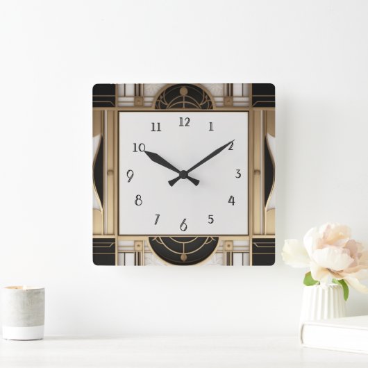 Square Art Deco Uhr Schwarz-weiße und goldene Uhr (Zuhause)