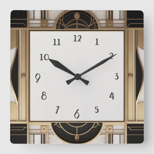 Square Art Deco Uhr Schwarz-weiße und goldene Uhr (Vorderseite)