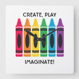 Square Art Room Clock mit farbenfrohen Crayons Cen Quadratische Wanduhr