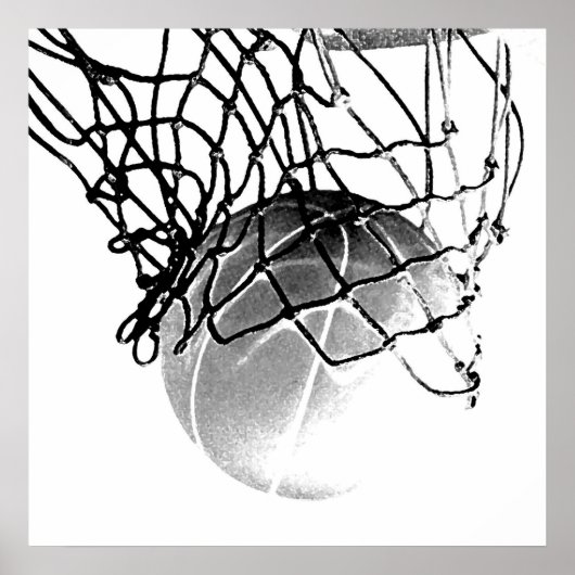 Square B&W Basketball Ball & Net Print Poster (Vorne)