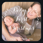 Square Baby's First Christmas Foto Stickers<br><div class="desc">Square Baby's First Christmas Foto Aufkleber mit veränderbarem Text Fotografie © Storytree Studios,  Stanford,  CA</div>