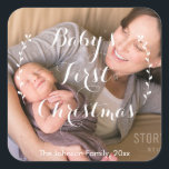 Square Baby's First Christmas Foto Stickers<br><div class="desc">Square Baby's First Christmas Foto Aufkleber mit veränderbarem Text Fotografie © Storytree Studios,  Stanford,  CA</div>