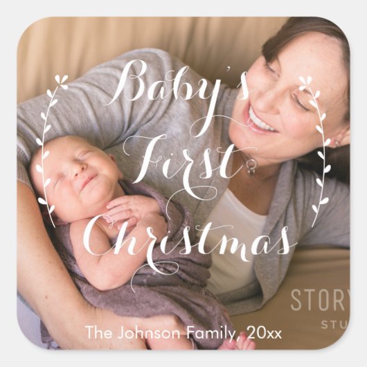 Square Baby's First Christmas Foto Stickers (Vorderseite)