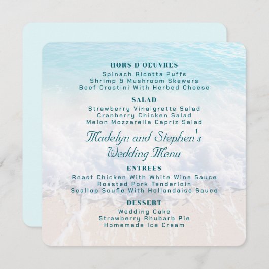 Square Beach Background Wedding Menu Template Menükarte (Vorne/Hinten)