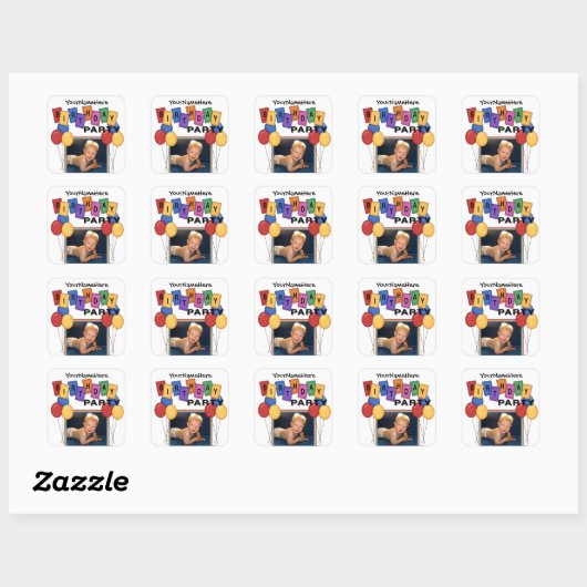Square Birthday Party Foto Stickers (Blatt)