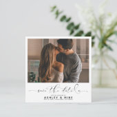 Square Black Calligraphy Script Foto Wedding Save The Date (Stehend Vorderseite)