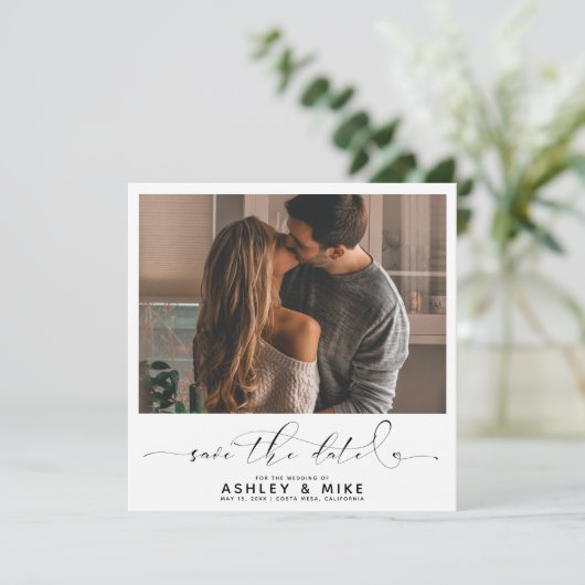 Square Black Calligraphy Script Foto Wedding Save The Date (Stehend Vorderseite)