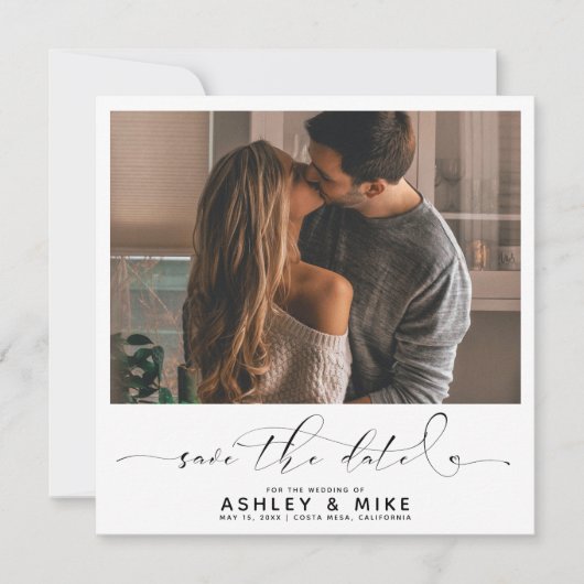 Square Black Calligraphy Script Foto Wedding Save The Date (Vorderseite)