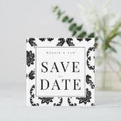 Square Black Damask Wedding Save the Date (Stehend Vorderseite)