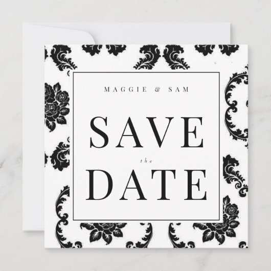 Square Black Damask Wedding Save the Date (Vorderseite)