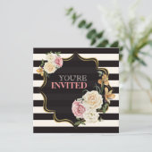 Square Black, Elfenbeinstreifen, Florals Brautpart Einladung (Stehend Vorderseite)