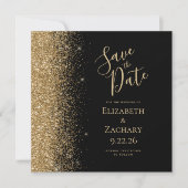 Square Black Gold Glitzer Save the Date Ankündigung (Vorderseite)