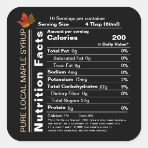 Square Black Maple Sirup Nutrition Fakten mit Leaf Quadratischer Aufkleber