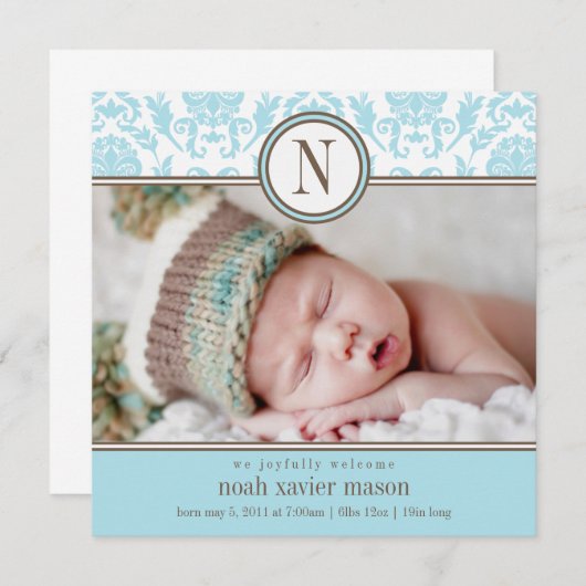 Square Blue Damask | Geburtsankündigung Ankündigung (Vorne/Hinten)