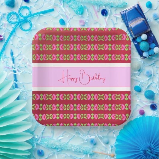 Square Bright Pink Floral Gemustert Pappteller (Party)