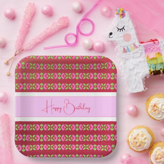 Square Bright Pink Floral Gemustert Pappteller (Party)