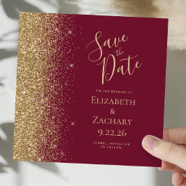 Square Burgundy Red Gold Glitzer Save the Date Ankündigung