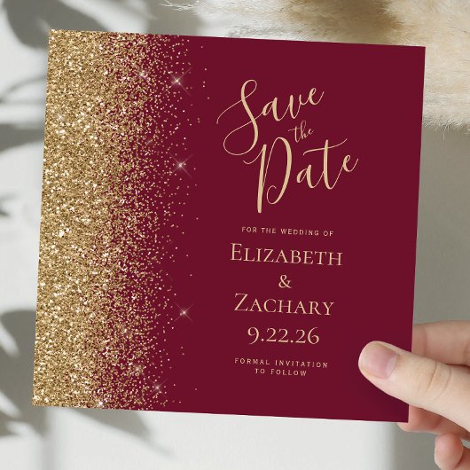 Square Burgundy Red Gold Glitzer Save the Date Ankündigung