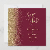 Square Burgundy Red Gold Glitzer Save the Date Ankündigung (Vorderseite)