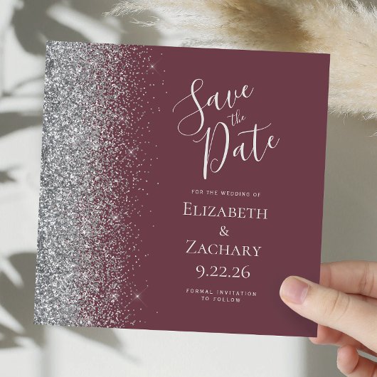 Square Burgundy Silver Glitzer Save the Date Ankündigung
