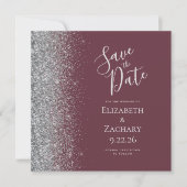 Square Burgundy Silver Glitzer Save the Date Ankündigung (Vorderseite)