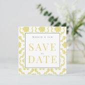 Square Buttery Yellow Damask Hochzeitdatum Gerette Save The Date (Stehend Vorderseite)