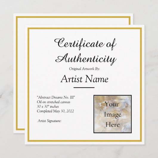 Square Certificate of Authenticity Art Foto Einladung (Vorne/Hinten)