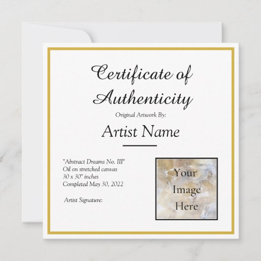 Square Certificate of Authenticity Art Foto Einladung (Vorderseite)