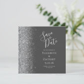 Square Charcoal Gray Silver Glitzer Save the Date Ankündigung (Stehend Vorderseite)