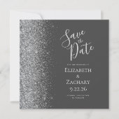 Square Charcoal Gray Silver Glitzer Save the Date Ankündigung (Vorderseite)
