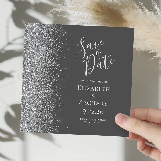 Square Charcoal Gray Silver Glitzer Save the Date Ankündigung