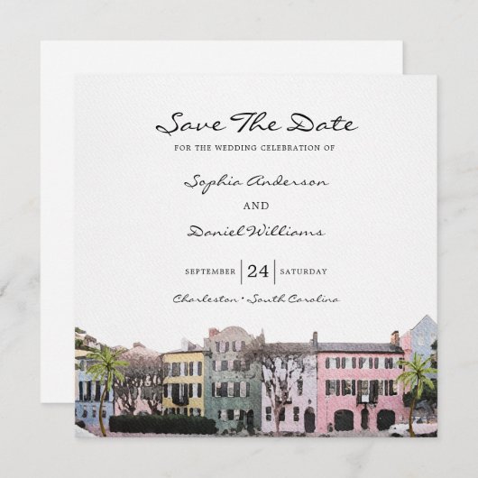 Square Charleston Rainbow Row Save the Date Einladung (Vorne/Hinten)