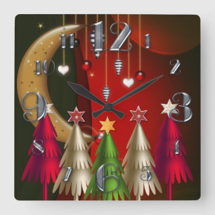 Square Christmas Trees and Baubles Clock Quadratische Wanduhr