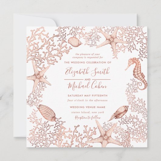 Square Copper Corraleath Script Starfish Beach Einladung (Vorderseite)