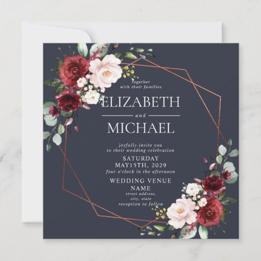 Square Copper Geometric Burgundy Blue Wedding Einladung (Vorderseite)