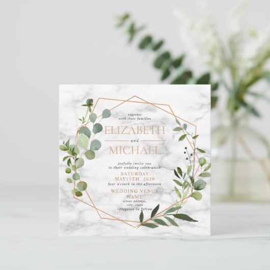 Square Copper Geometric Eucalyptus Marble Wedding Einladung (Stehend Vorderseite)