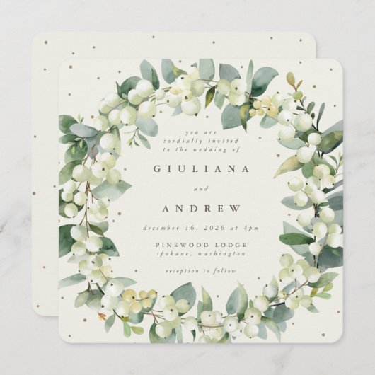 Square Cream Snowberry+Eucalyptus Wreath Wedding Einladung (Vorne/Hinten)