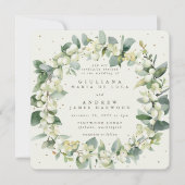 Square Cream Snowberry + Eukalyptus Wreath Wedding Einladung (Vorderseite)
