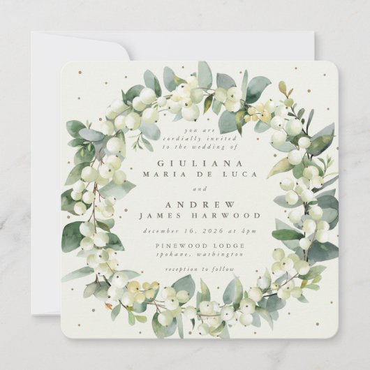 Square Cream Snowberry + Eukalyptus Wreath Wedding Einladung (Vorderseite)
