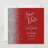 Square Crimson Red Silver Glitzer Save the Date Ankündigung (Vorderseite)