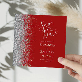 Square Crimson Red Silver Glitzer Save the Date Ankündigung