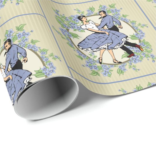 Square Dancing Couple mit Blumenrahmen Blue Tan Geschenkpapier (Rolleneckpunkt)