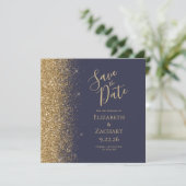 Square Dark Blue Gold Glitzer Save the Date Ankündigung (Stehend Vorderseite)