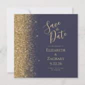 Square Dark Blue Gold Glitzer Save the Date Ankündigung (Vorderseite)