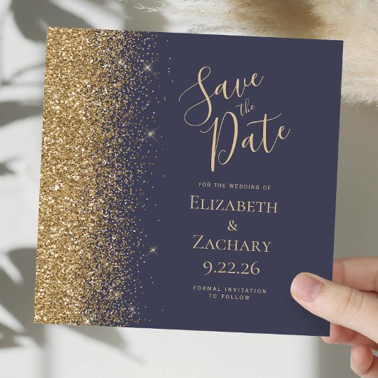 Square Dark Blue Gold Glitzer Save the Date Ankündigung