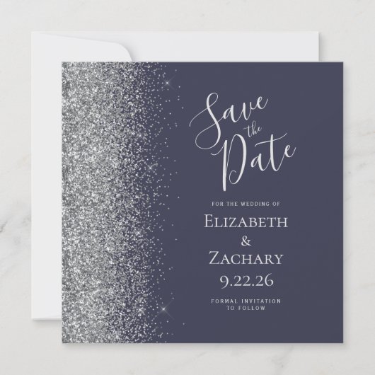 Square Dark Blue Silver Glitzer Save the Date Ankündigung (Vorderseite)